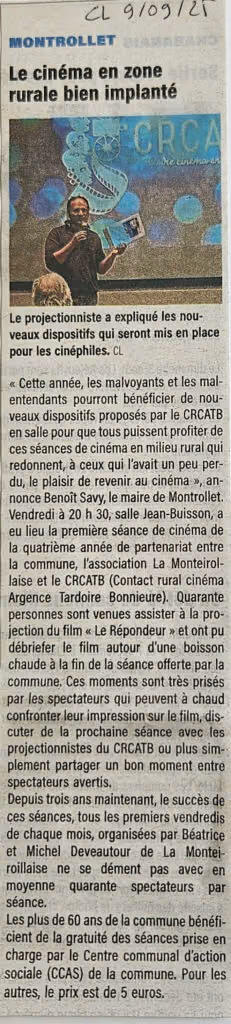 Coupure de Charente Libre du 9 septembre 2025 : « Le cinéma en zone rurale bien implanté »