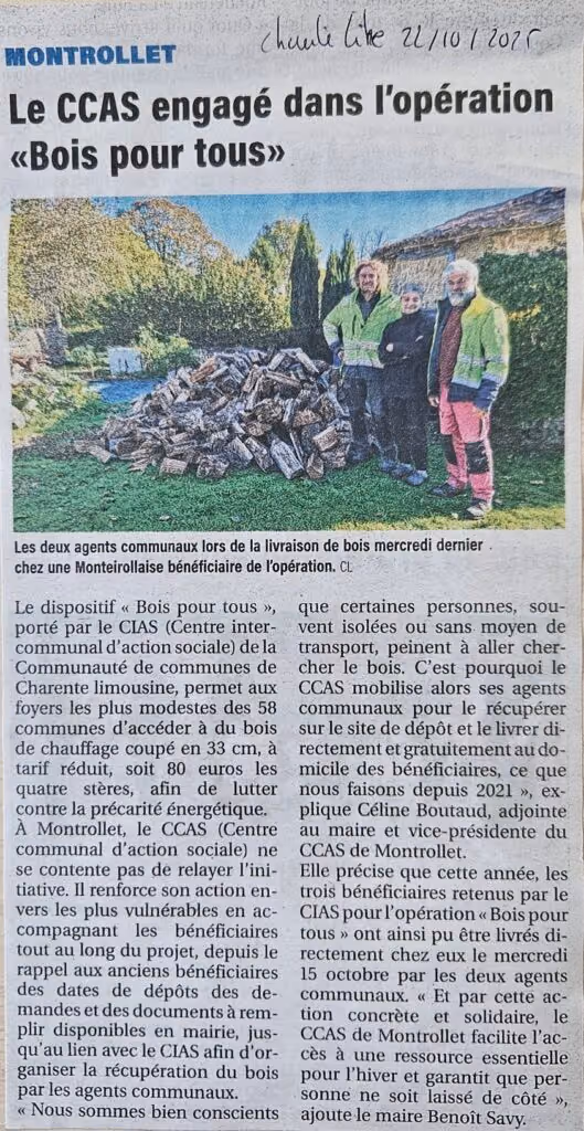 Coupure de Charente Libre du 22 octobre 2025 : « Le CCAS engagé dans l’opération “Bois pour tous” »