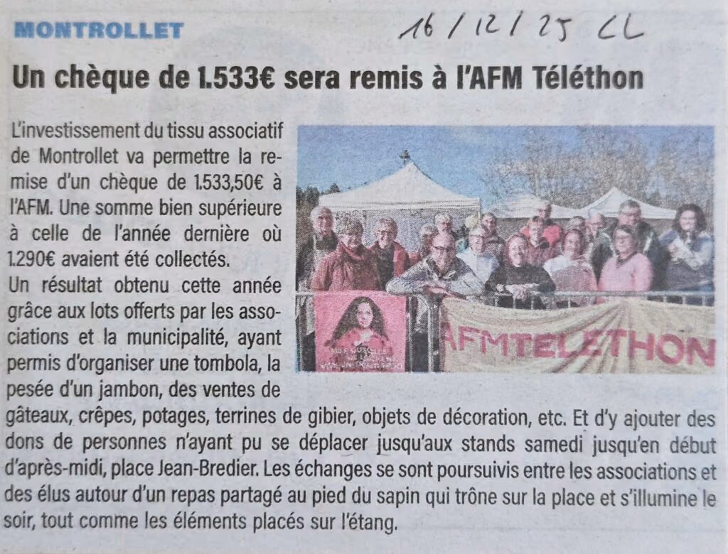 Coupure de Charente Libre du 16 décembre 2025 : « Un chèque de 1 533 € sera remis à l’AFM Téléthon »