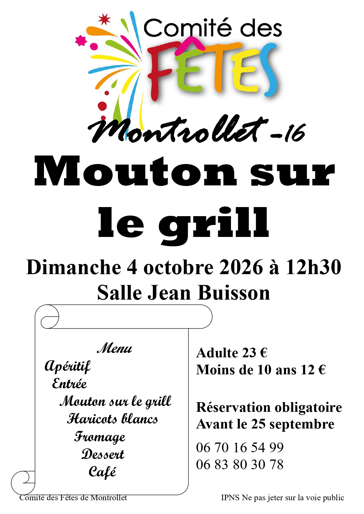Mouton sur le grill — dimanche 4 octobre 2026 à 12h30, salle Jean Buisson. Réservation avant le 25 septembre.